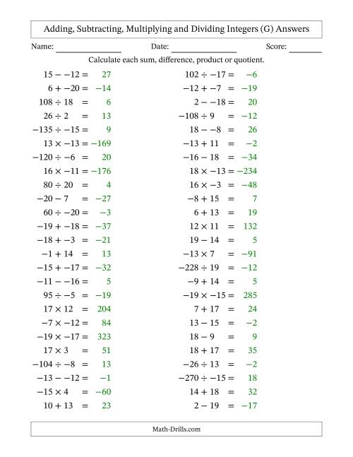 The Adding, Subtracting, Multiplying and Dividing Mixed Integers from -20 to 20 (50 Questions; No Parentheses) (G) Math Worksheet Page 2