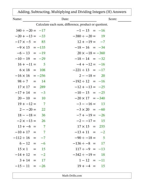 The Adding, Subtracting, Multiplying and Dividing Mixed Integers from -20 to 20 (50 Questions; No Parentheses) (H) Math Worksheet Page 2