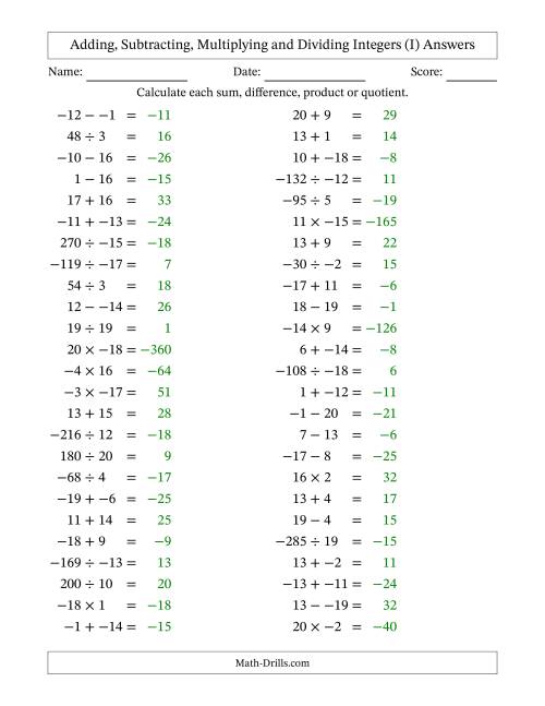 The Adding, Subtracting, Multiplying and Dividing Mixed Integers from -20 to 20 (50 Questions; No Parentheses) (I) Math Worksheet Page 2