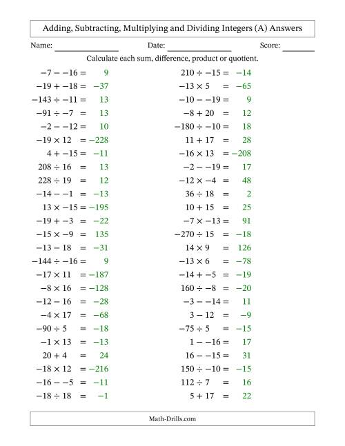 The Adding, Subtracting, Multiplying and Dividing Mixed Integers from -20 to 20 (50 Questions; No Parentheses) (All) Math Worksheet Page 2