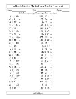Adding, Subtracting, Multiplying and Dividing Mixed Integers from -25 to 25 (50 Questions)