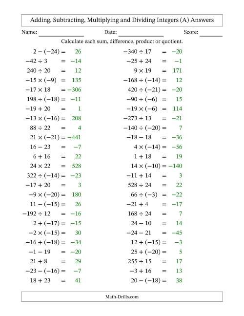 The Adding, Subtracting, Multiplying and Dividing Mixed Integers from -25 to 25 (50 Questions) (A) Math Worksheet Page 2
