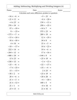 Adding, Subtracting, Multiplying and Dividing Mixed Integers from -25 to 25 (50 Questions; No Parentheses)