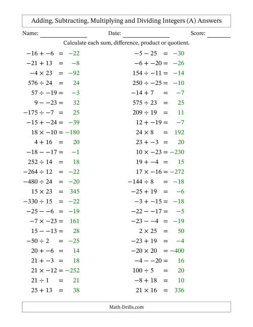 The Adding, Subtracting, Multiplying and Dividing Mixed Integers from -25 to 25 (50 Questions; No Parentheses) (A) Math Worksheet Page 2