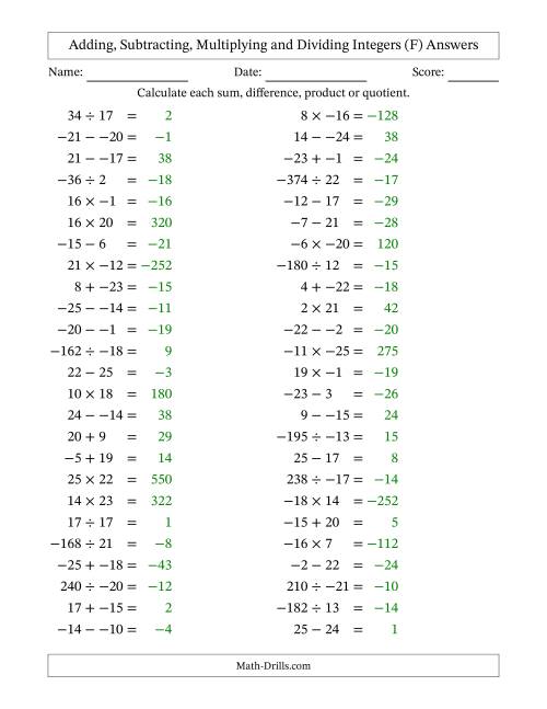 The Adding, Subtracting, Multiplying and Dividing Mixed Integers from -25 to 25 (50 Questions; No Parentheses) (F) Math Worksheet Page 2