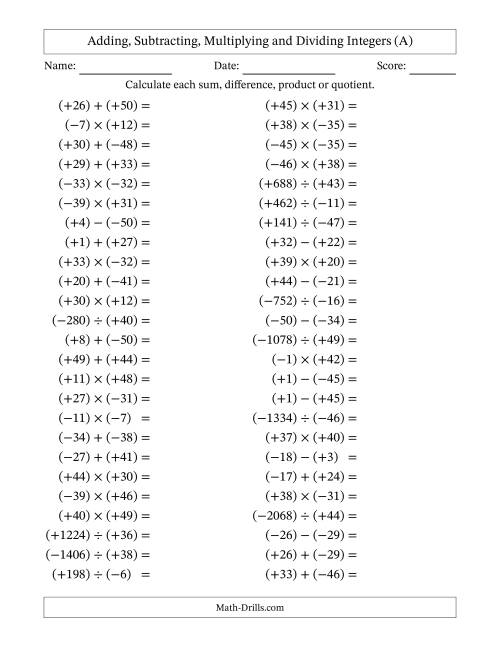 The Adding, Subtracting, Multiplying and Dividing Mixed Integers from -50 to 50 (50 Questions; All Parentheses) (A) Math Worksheet