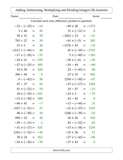 The Adding, Subtracting, Multiplying and Dividing Mixed Integers from -50 to 50 (50 Questions) (B) Math Worksheet Page 2