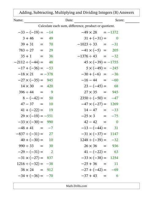 All Operations with Integers (Range -50 to 50) with Negative Integers ...