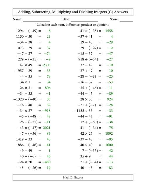 The Adding, Subtracting, Multiplying and Dividing Mixed Integers from -50 to 50 (50 Questions) (G) Math Worksheet Page 2