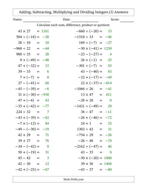 The Adding, Subtracting, Multiplying and Dividing Mixed Integers from -50 to 50 (50 Questions) (J) Math Worksheet Page 2