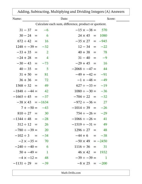 The Adding, Subtracting, Multiplying and Dividing Mixed Integers from -50 to 50 (50 Questions; No Parentheses) (A) Math Worksheet Page 2