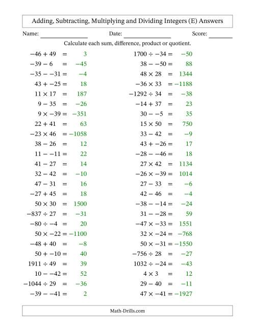 All Operations with Integers (Range -50 to 50) with No Parentheses (E)