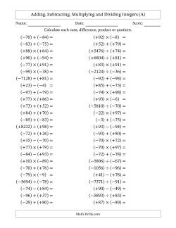 Adding, Subtracting, Multiplying and Dividing Mixed Integers from -99 to 99 (50 Questions; All Parentheses)