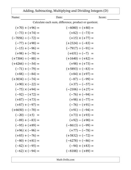 All Operations with Integers (Range -99 to 99) with All Integers in ...