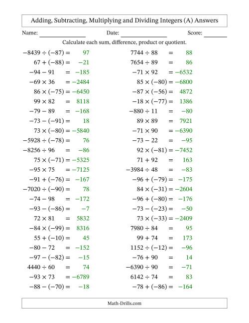 The Adding, Subtracting, Multiplying and Dividing Mixed Integers from -99 to 99 (50 Questions) (A) Math Worksheet Page 2