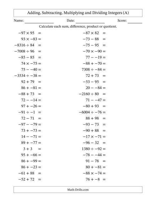 The Adding, Subtracting, Multiplying and Dividing Mixed Integers from -99 to 99 (50 Questions; No Parentheses) (A) Math Worksheet