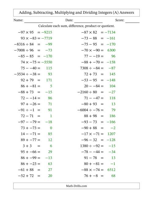 The Adding, Subtracting, Multiplying and Dividing Mixed Integers from -99 to 99 (50 Questions; No Parentheses) (A) Math Worksheet Page 2