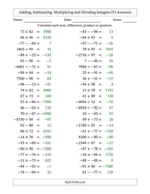 The Adding, Subtracting, Multiplying and Dividing Mixed Integers from -99 to 99 (50 Questions; No Parentheses) (F) Math Worksheet Page 2