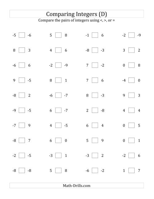 The Comparing Integers from -9 to 9 (D) Math Worksheet