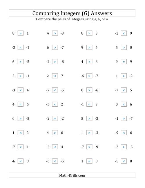 The Comparing Integers from -9 to 9 (G) Math Worksheet Page 2