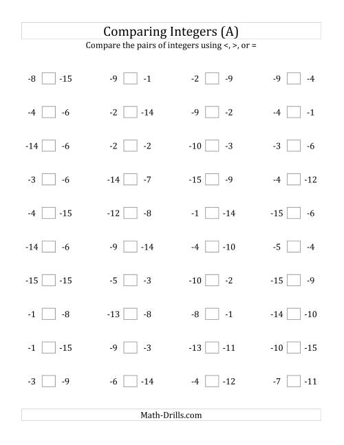 Comparing Negative Integers From 15 To 1 A Integers Worksheet 