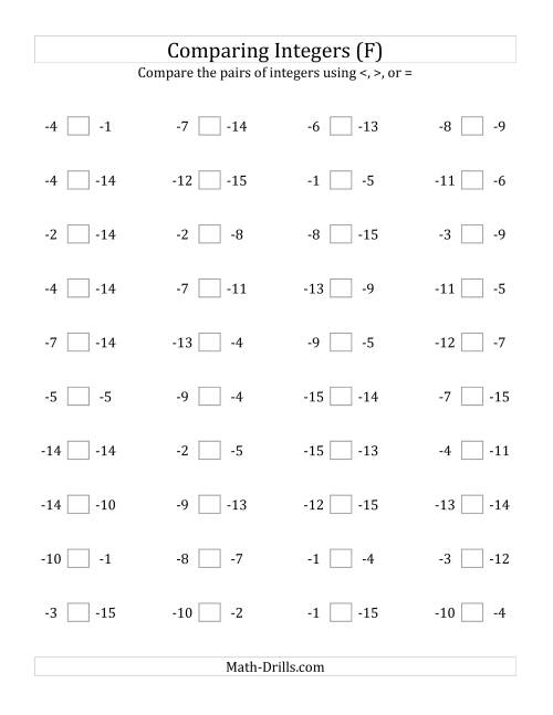 The Comparing Negative Integers from -15 to -1 (F) Math Worksheet