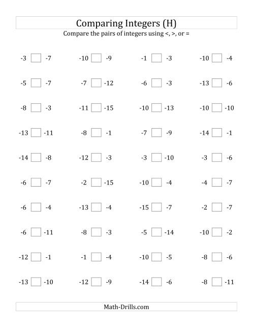The Comparing Negative Integers from -15 to -1 (H) Math Worksheet