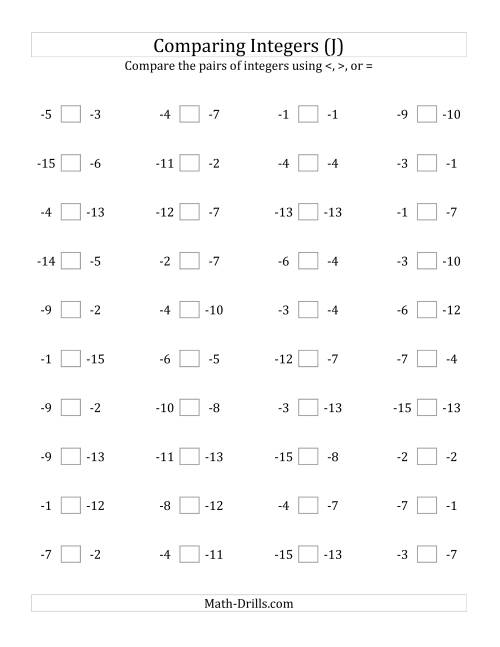 The Comparing Negative Integers from -15 to -1 (J) Math Worksheet