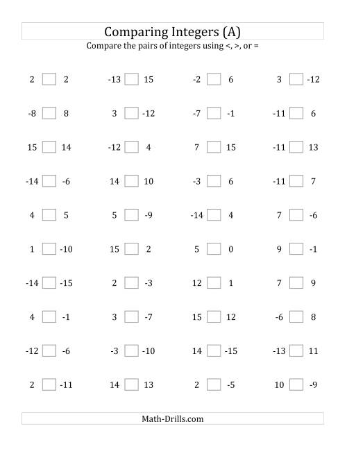 The Comparing Integers from -15 to 15 (A) Math Worksheet