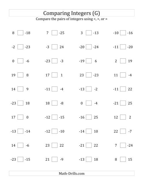 The Comparing Integers from -25 to 25 (G) Math Worksheet