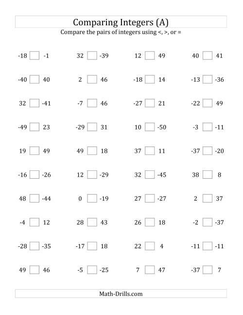 The Comparing Integers from -50 to 50 (A) Math Worksheet