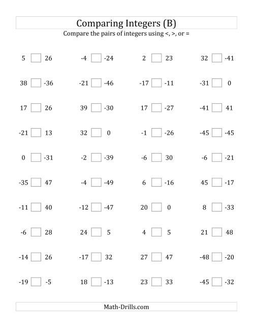 The Comparing Integers from -50 to 50 (B) Math Worksheet