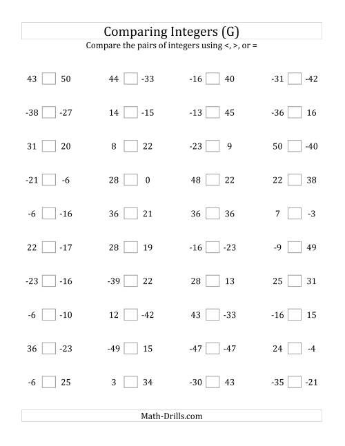 The Comparing Integers from -50 to 50 (G) Math Worksheet