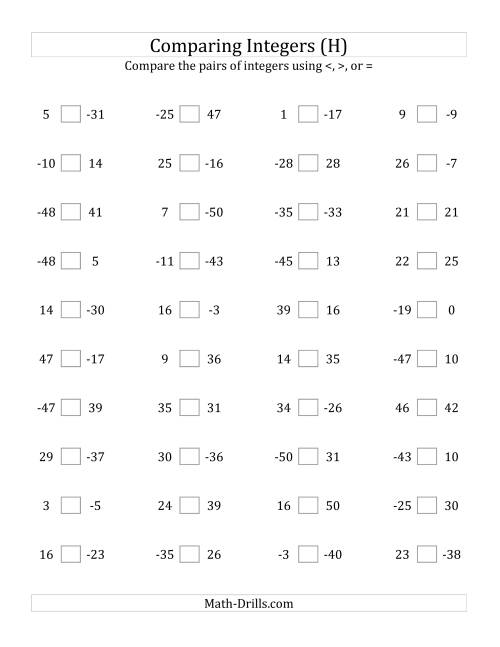 The Comparing Integers from -50 to 50 (H) Math Worksheet