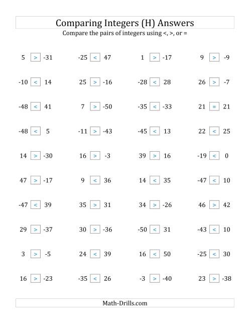 The Comparing Integers from -50 to 50 (H) Math Worksheet Page 2