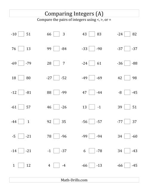 The Comparing Integers from -99 to 99 (A) Math Worksheet