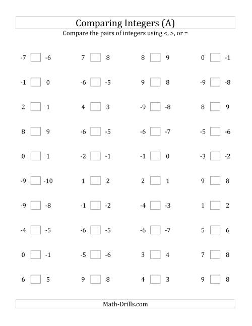 The Comparing Integers in Close Proximity from -9 to 9 (A) Math Worksheet