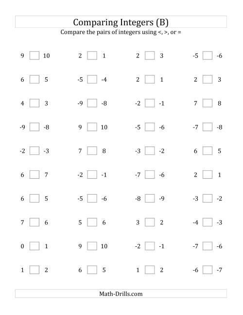 The Comparing Integers in Close Proximity from -9 to 9 (B) Math Worksheet