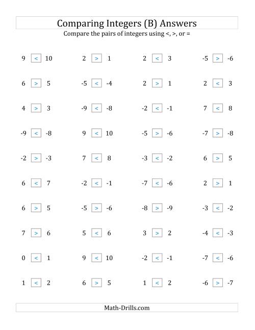 The Comparing Integers in Close Proximity from -9 to 9 (B) Math Worksheet Page 2