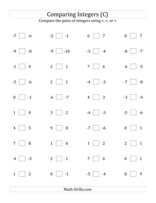 The Comparing Integers in Close Proximity from -9 to 9 (C) Math Worksheet