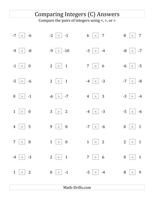 The Comparing Integers in Close Proximity from -9 to 9 (C) Math Worksheet Page 2