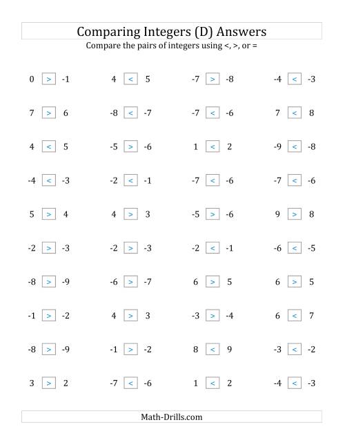 The Comparing Integers in Close Proximity from -9 to 9 (D) Math Worksheet Page 2
