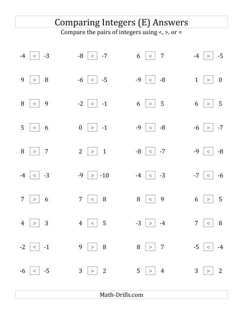 The Comparing Integers in Close Proximity from -9 to 9 (E) Math Worksheet Page 2