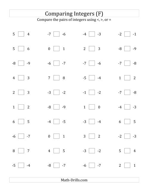 The Comparing Integers in Close Proximity from -9 to 9 (F) Math Worksheet