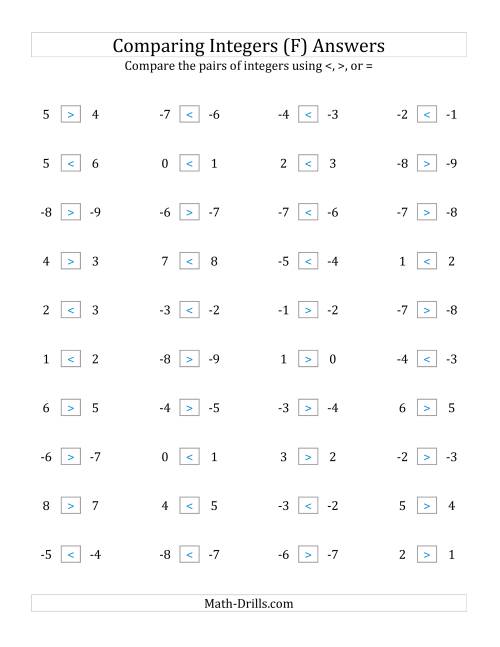 The Comparing Integers in Close Proximity from -9 to 9 (F) Math Worksheet Page 2