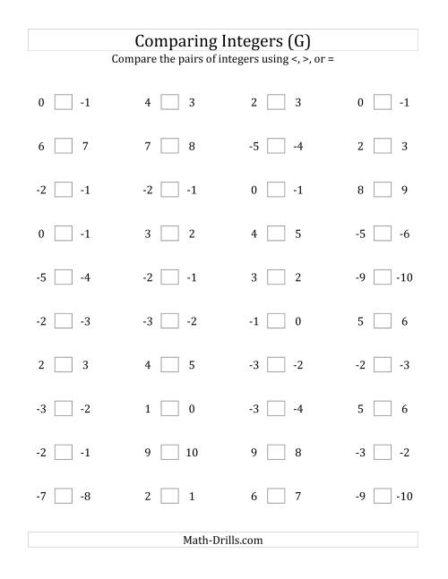 The Comparing Integers in Close Proximity from -9 to 9 (G) Math Worksheet