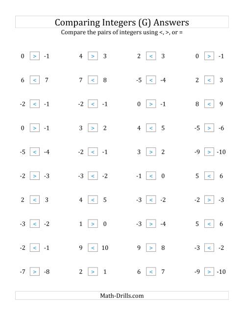 The Comparing Integers in Close Proximity from -9 to 9 (G) Math Worksheet Page 2