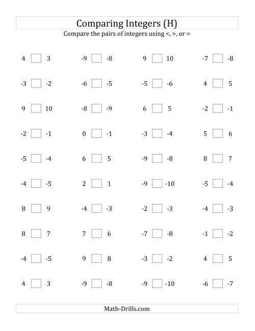 The Comparing Integers in Close Proximity from -9 to 9 (H) Math Worksheet