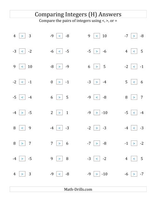 The Comparing Integers in Close Proximity from -9 to 9 (H) Math Worksheet Page 2