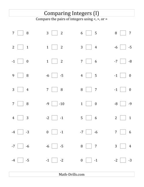 The Comparing Integers in Close Proximity from -9 to 9 (I) Math Worksheet